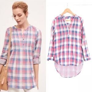 Anthropologie Holding Horses Plaid Gauze Tunic EUC
